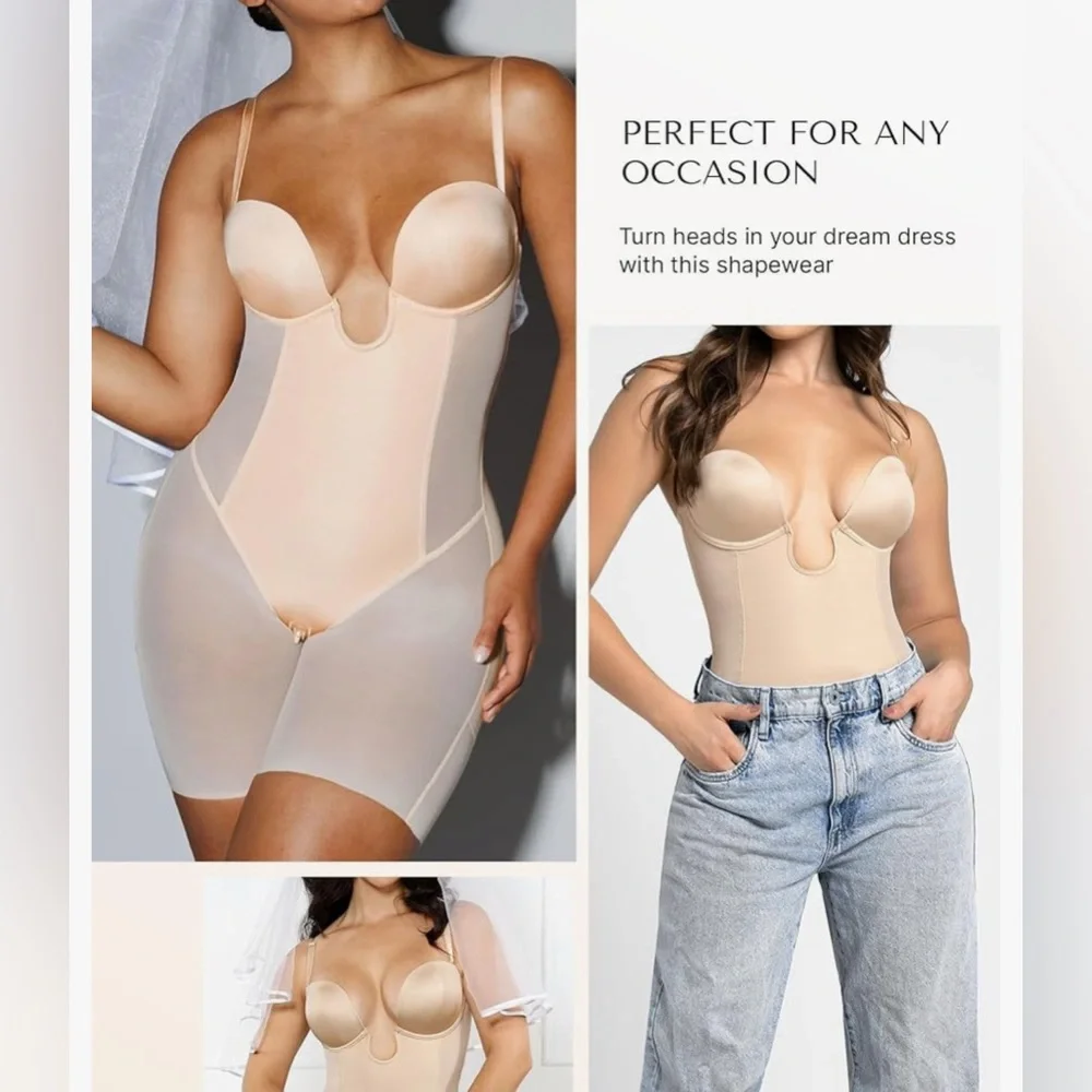 SHAPELLX Shapewear Deep Plunge Corset Tummy Control Backless Bodysuit Beige S - Picture 7 of 10